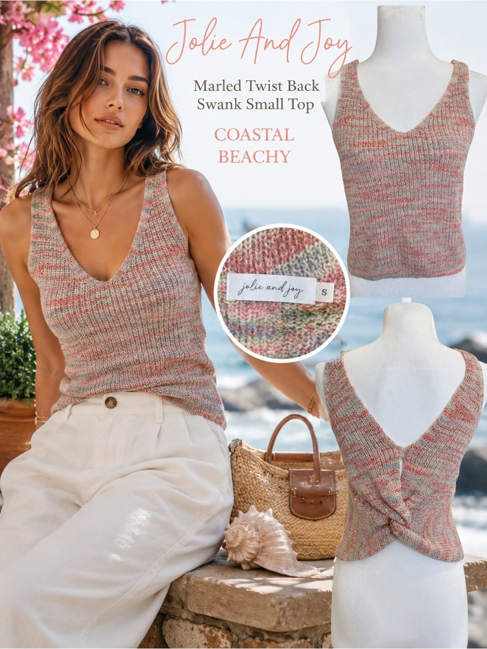 Jolie And Joy Marled Knit Twist Back Tank Top S Coastal Summer Resort Vacation